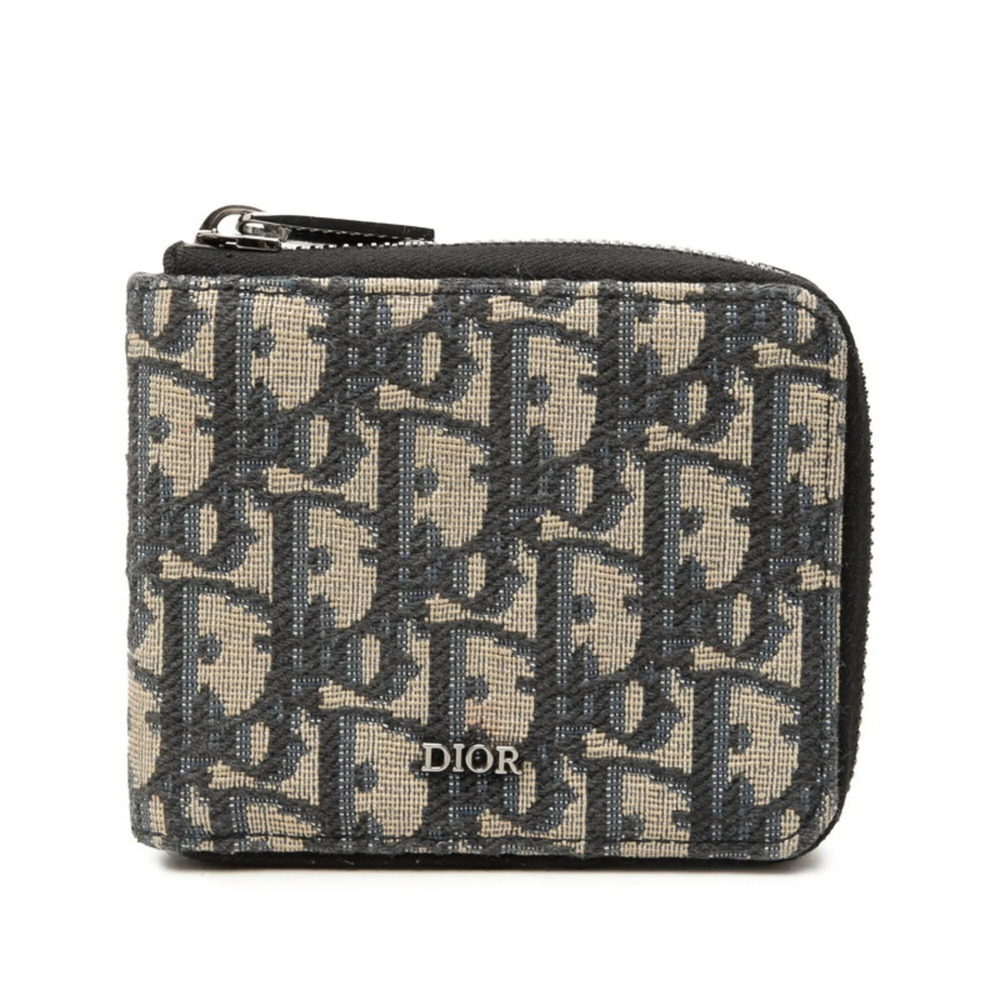 Christian Dior Dior Oblique Round Zip Wallet, Bi-fold Beige/Navy Canvas, Wome...